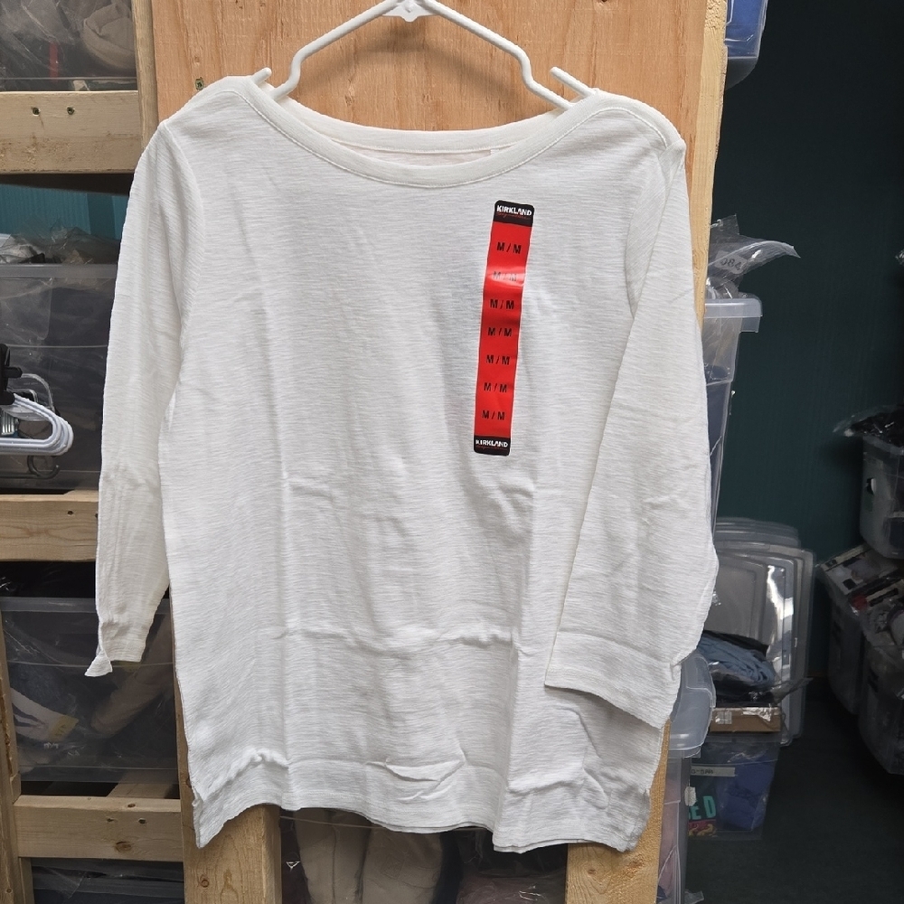 Kirkland Signature Size M White 3/4 Sleeve Boatneck Slub Tee